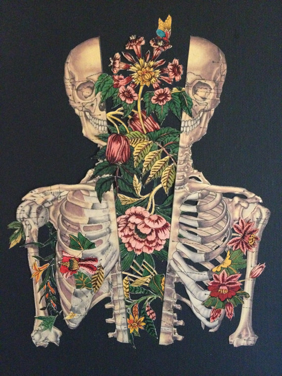 illustration of skeleton split open to reveal flowers growing within