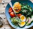 plate of eggs, tomatoes, cucumbers and other greens